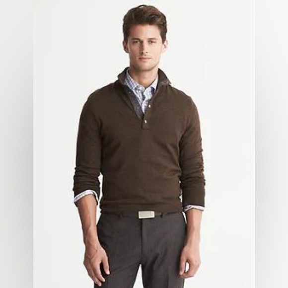 Banana Republic Men's Large Merino Wool Tipped Snap-Placket Sweater Dark Brown - Picture 1 of 9